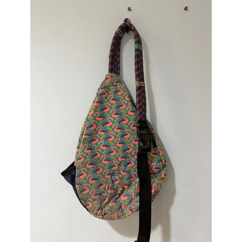KAVU Rope Bag Flamingo Print Canvas Sling Backpack Blue Pink